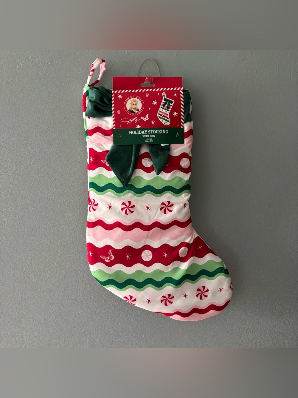 Dolly Parton Christmas Holiday Stocking with Bow 17.5 in, Green Red White - New